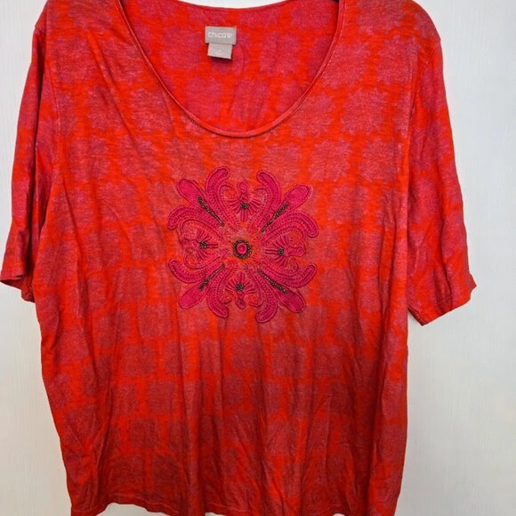 Chico's floral orange pink S/S‎ top with appliqué Size 3/XL - Picture 1 of 4